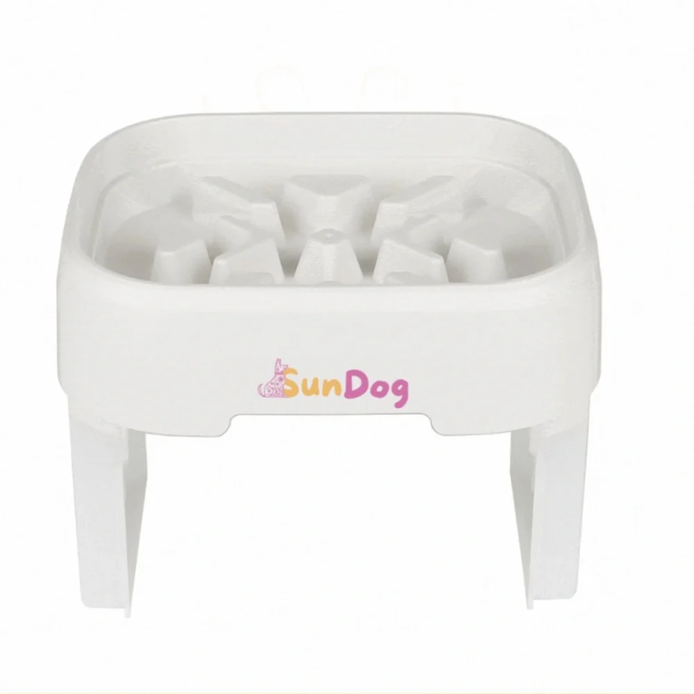 Sun Dog Elevated Dog Bowl With Slow Feeder- White & Stainless Steel